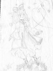 Rating: Safe Score: 0 Tags: 1girl bow dated dress greyscale hair_bow hair_ornament hair_ribbon hinaichigo image kagiyama_hina long_sleeves monochrome ribbon smile solo traditional_media User: admin