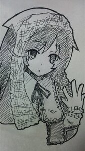 Rating: Safe Score: 0 Tags: 1girl :o eyebrows_visible_through_hair frills greyscale image long_sleeves looking_at_viewer monochrome short_hair simple_background solo suiseiseki traditional_media upper_body User: admin