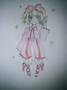 Rating: Safe Score: 0 Tags: 1girl blonde_hair bow bug colored_pencil_(medium) dress hair_bow heart hina_ichigo hinaichigo image long_sleeves looking_at_viewer photo ribbon smile solo traditional_media watercolor_(medium) User: admin
