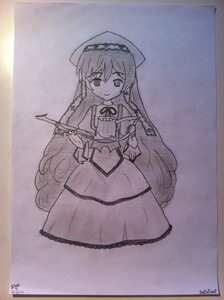 Rating: Safe Score: 0 Tags: 1girl artist_name cup dated dress hat image long_hair looking_at_viewer monochrome photo signature simple_background smile solo suiseiseki traditional_media twin_braids very_long_hair User: admin