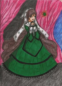 Rating: Safe Score: 0 Tags: 1girl braid brown_hair curtains dress image long_hair long_sleeves open_mouth red_eyes solo suiseiseki very_long_hair User: admin
