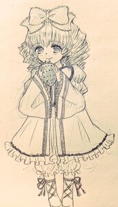 Rating: Safe Score: 0 Tags: 1girl bow dress drill_hair eating eyebrows_visible_through_hair food hair_bow hinaichigo holding holding_food image looking_at_viewer monochrome short_hair smile solo standing traditional_media User: admin