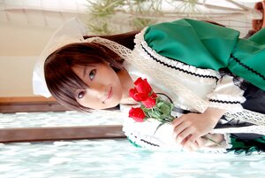 Rating: Safe Score: 0 Tags: 1girl blurry bouquet brown_hair depth_of_field dress flower head_scarf heterochromia holding_flower lips long_hair long_sleeves looking_at_viewer red_flower red_rose rose smile solo suiseiseki User: admin