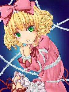 Rating: Safe Score: 0 Tags: 1girl bdsm blonde_hair blue_background bondage bound bow crying crying_with_eyes_open dress drill_hair frills green_eyes hair_bow hina_ichigo hinaichigo image joints long_sleeves pink_bow pink_dress ribbon sad short_hair solo tears User: admin