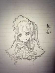 Rating: Safe Score: 0 Tags: 1girl auto_tagged bonnet bow bowtie frills image long_hair long_sleeves looking_at_viewer monochrome photo shinku smile solo traditional_media upper_body User: admin