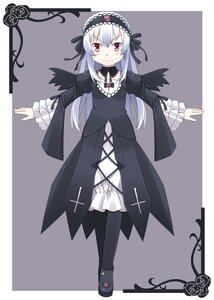 Rating: Safe Score: 0 Tags: 1girl bangs black_dress black_ribbon dress flower frills full_body hairband image juliet_sleeves long_hair long_sleeves looking_at_viewer puffy_sleeves red_eyes ribbon rose silver_hair simple_background smile solo standing suigintou wings User: admin