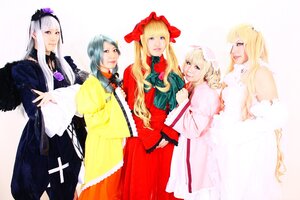 Rating: Safe Score: 0 Tags: 5girls blonde_hair blue_eyes bow dress hat long_hair long_sleeves multiple_cosplay multiple_girls shinku striped suigintou tagme User: admin