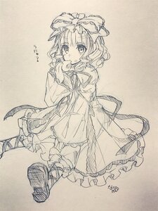 Rating: Safe Score: 0 Tags: 1girl blush bow dated dress hair_ribbon hand_to_own_mouth hinaichigo image kagiyama_hina long_sleeves looking_at_viewer monochrome ribbon signature solo traditional_media User: admin