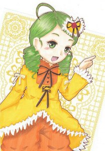 Rating: Safe Score: 0 Tags: 1girl ahoge dress drill_hair frills green_eyes green_hair hair_ornament image kanaria long_sleeves open_mouth orange_dress ribbon short_hair smile solo twin_drills yellow_dress User: admin
