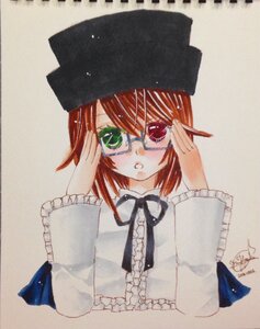 Rating: Safe Score: 0 Tags: 1girl adjusting_eyewear bangs brown_hair eyebrows_visible_through_hair glasses green_eyes hat heterochromia image long_sleeves looking_at_viewer parted_lips red_eyes short_hair signature simple_background solo souseiseki upper_body User: admin