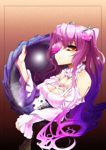 Rating: Safe Score: 0 Tags: 1girl breasts cat cleavage dress eyepatch flower hair_flower hair_ornament image kirakishou long_hair medium_breasts nail_polish pink_hair purple_hair rose smile solo User: admin