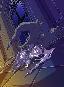 Rating: Safe Score: 0 Tags: 1girl black_wings commentary_request dress dutch_angle floor frills full_body hairband image indoors lolita_hairband long_hair long_sleeves looking_away lying mao_(daiou) red_eyes ribbon rozen_maiden silver_hair solo suigintou twintails very_long_hair window wings User: admin