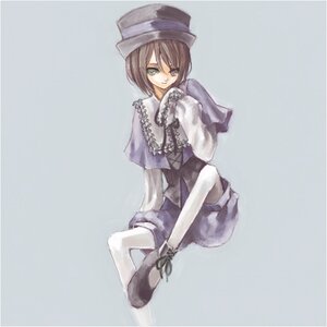 Rating: Safe Score: 0 Tags: 1girl brown_hair capelet frills full_body green_eyes hat heterochromia image long_sleeves looking_at_viewer looking_back pantyhose short_hair simple_background sitting solo souseiseki top_hat User: admin