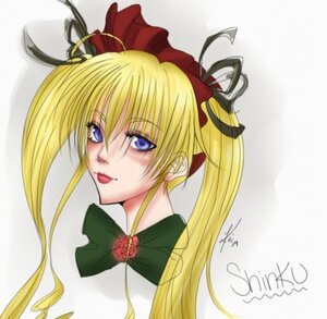 Rating: Safe Score: 0 Tags: 1girl bangs blonde_hair blue_eyes flower hair_ribbon image lipstick long_hair looking_at_viewer portrait ribbon rose shinku signature solo twintails User: admin