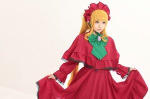 Rating: Safe Score: 0 Tags: 1girl blonde_hair blue_eyes bonnet bow capelet curtsey dress green_neckwear long_hair long_sleeves red_dress shinku skirt_hold solo User: admin