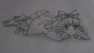Rating: Safe Score: 0 Tags: 1girl boots bow dress frills full_body greyscale hair_bow hair_ribbon hinaichigo image kagiyama_hina long_hair long_sleeves looking_at_viewer lying monochrome on_side on_stomach photo ribbon smile solo traditional_media User: admin