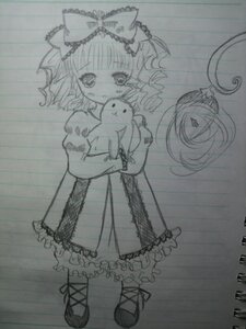 Rating: Safe Score: 0 Tags: 1girl bangs bow dress drill_hair full_body greyscale hair_bow hina_ichigo hinaichigo image looking_at_viewer monochrome puffy_short_sleeves puffy_sleeves solo standing stuffed_animal traditional_media User: admin