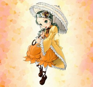 Rating: Safe Score: 0 Tags: 1girl dress flower frills full_body green_eyes green_hair hair_ornament hat holding image kanaria long_sleeves orange_background orange_dress parasol ribbon short_hair solo standing umbrella white_legwear User: admin