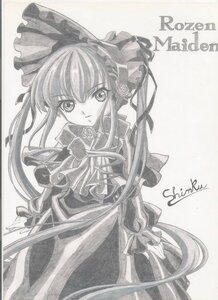 Rating: Safe Score: 0 Tags: 1girl artist_name bow dated dress frills greyscale image long_hair long_sleeves looking_at_viewer monochrome ribbon shinku solo striped traditional_media twintails very_long_hair white_background User: admin