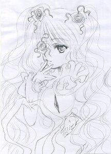 Rating: Safe Score: 0 Tags: 1girl dress flower frills hair_flower hair_ornament image kirakishou long_hair looking_at_viewer monochrome rose smile solo traditional_media wavy_hair User: admin