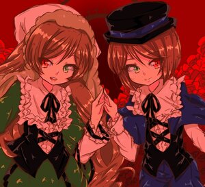 Rating: Safe Score: 0 Tags: 2girls brown_hair dress frills green_dress green_eyes hat heterochromia holding_hands image long_hair long_sleeves looking_at_viewer multiple_girls open_mouth pair red_background red_eyes short_hair siblings sisters smile souseiseki suiseiseki twins very_long_hair User: admin