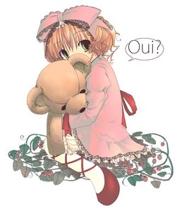 Rating: Safe Score: 0 Tags: 1girl blonde_hair bloomers bow brown_hair dress flower french_text frills green_eyes hazakura_mitsuki hina_ichigo hinaichigo image long_sleeves pink_bow rozen_maiden solo striped stuffed_animal teddy_bear underwear white_background User: admin