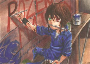 Rating: Safe Score: 0 Tags: 1boy androgynous auto_tagged brown_hair cigarette heterochromia image mouth_hold paintbrush red_eyes scissors sleeves_rolled_up solo souseiseki User: admin