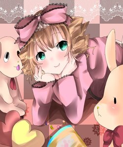 Rating: Safe Score: 0 Tags: 1girl argyle argyle_background blonde_hair blush bow checkered checkered_background checkered_floor food green_eyes hair_bow heart hina_ichigo hinaichigo image lying pink_bow short_hair smile solo User: admin