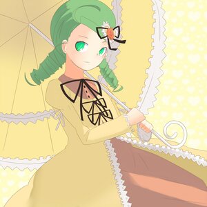 Rating: Safe Score: 0 Tags: 1girl dress drill_hair flower frills green_eyes green_hair heart holding holding_umbrella image kanaria long_sleeves parasol ribbon rose solo twin_drills umbrella yellow_background yellow_dress User: admin
