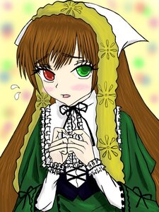 Rating: Safe Score: 0 Tags: 1girl blush brown_hair dress flying_sweatdrops frills green_dress green_eyes heart heterochromia image long_hair long_sleeves looking_at_viewer red_eyes solo suiseiseki very_long_hair User: admin