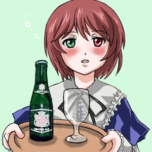 Rating: Safe Score: 0 Tags: 1girl alcohol blush bottle green_background green_eyes heterochromia image long_sleeves open_mouth sake_bottle short_hair simple_background solo souseiseki suiseiseki upper_body User: admin