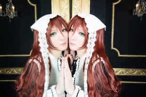 Rating: Safe Score: 0 Tags: 2girls brown_hair green_eyes head_scarf lips long_hair looking_at_viewer multiple_girls siblings sisters solo suiseiseki twins User: admin