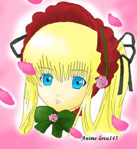 Rating: Safe Score: 0 Tags: 1girl bangs blonde_hair blue_eyes bonnet bow flower image long_hair looking_at_viewer petals pink_background pink_flower pink_rose portrait rose shinku sidelocks solo twintails User: admin