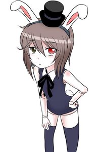 Rating: Safe Score: 0 Tags: 1girl animal_ears bowtie brown_hair bunny_ears bunny_tail fake_animal_ears hand_on_hip hat heterochromia image red_eyes short_hair solo souseiseki tail thighhighs top_hat User: admin