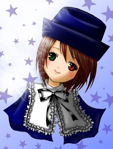 Rating: Safe Score: 0 Tags: 1girl blush bow brown_hair frills green_eyes hat heterochromia image looking_at_viewer red_eyes short_hair smile solo souseiseki star_(symbol) star_print starfish starry_background striped_background upper_body User: admin