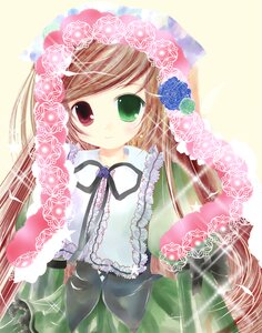 Rating: Safe Score: 0 Tags: 1girl brown_hair dress frills green_dress green_eyes heterochromia image long_hair long_sleeves looking_at_viewer red_eyes ribbon smile solo suiseiseki twintails very_long_hair User: admin