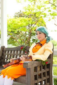 Rating: Safe Score: 0 Tags: 1girl aqua_hair day kanaria long_sleeves orange_dress outdoors solo sunlight tree User: admin