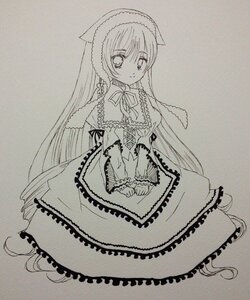 Rating: Safe Score: 0 Tags: 1girl capelet dress frills greyscale image long_hair long_sleeves looking_at_viewer monochrome sitting smile solo suiseiseki traditional_media v_arms very_long_hair User: admin