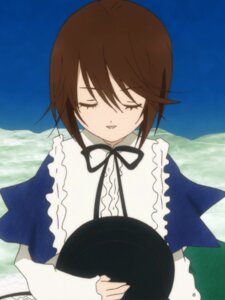 Rating: Safe Score: 0 Tags: 1 1girl bangs black_ribbon blue_sky brown_hair closed_eyes cloud day dress frills holding image long_sleeves neck_ribbon outdoors ribbon short_hair sky solo souseiseki User: admin