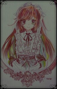 Rating: Safe Score: 0 Tags: 1girl black_border border dress frills green_eyes image letterboxed long_hair long_sleeves looking_at_viewer neck_ribbon photo ribbon shikishi simple_background smile solo suiseiseki traditional_media very_long_hair watercolor_(medium) User: admin