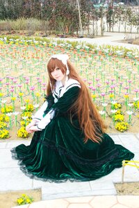 Rating: Safe Score: 0 Tags: 1girl blonde_hair brown_hair dress flower garden green_dress green_eyes long_hair long_sleeves looking_at_viewer solo suiseiseki tile_floor tiles very_long_hair yellow_flower User: admin