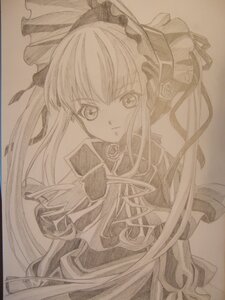 Rating: Safe Score: 0 Tags: 1girl dress frills image long_hair looking_at_viewer monochrome photo shikishi shinku simple_background solo traditional_media User: admin