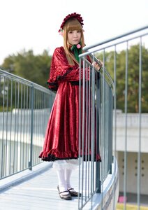 Rating: Safe Score: 0 Tags: 1girl blonde_hair blurry blurry_background bonnet depth_of_field dress full_body long_hair photo red_dress shinku shoes solo standing white_legwear User: admin