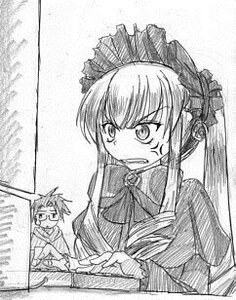 Rating: Safe Score: 0 Tags: 1boy 1girl 86800 bonnet bow bowtie glasses greyscale image long_hair long_sleeves monochrome shinku solo sweatdrop User: admin
