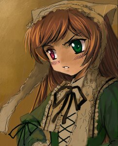 Rating: Safe Score: 0 Tags: 1girl artist_request black_ribbon blush brown_hair dress frills green_eyes heterochromia image long_hair long_sleeves red_eyes ribbon rozen_maiden simple_background solo suiseiseki upper_body very_long_hair User: admin