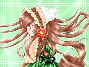 Rating: Safe Score: 0 Tags: 1girl aqua_background blush braid brown_hair dress flower frills from_side green_background green_eyes hair_flower hair_ornament head_scarf image long_hair profile ribbon solo suiseiseki twin_braids very_long_hair User: admin
