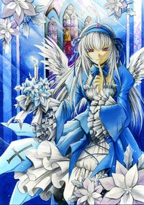 Rating: Safe Score: 0 Tags: 1girl alternate_color black_wings bow candle commentary_request dress finger_to_mouth flower frilled_sleeves frills hairband image long_hair long_sleeves looking_at_viewer marker_(medium) myu-kimera pink_eyes purple_flower purple_rose red_eyes ribbon rose rozen_maiden silver_hair smile solo stained_glass standing suigintou traditional_media very_long_hair watercolor_(medium) white_hair wings User: admin