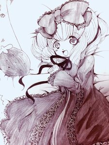 Rating: Safe Score: 0 Tags: 1girl blush bow dress front_ponytail hair_bow hair_ribbon hinaichigo image kagiyama_hina looking_at_viewer monochrome open_mouth ribbon smile solo traditional_media User: admin