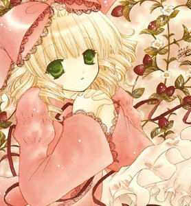 Rating: Safe Score: 0 Tags: 1girl apple blonde_hair bow dress drill_hair food frills fruit green_eyes hina_ichigo hinaichigo image long_sleeves looking_at_viewer lying pink_bow ribbon solo strawberry traditional_media User: admin