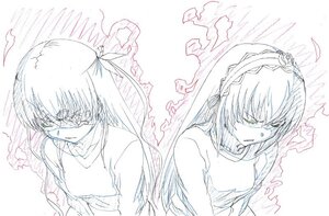 Rating: Safe Score: 0 Tags: 2girls angry barasuishou hair_over_eyes hair_ribbon image long_hair looking_at_viewer monochrome multiple_girls pair ribbon suigintou upper_body veil User: admin